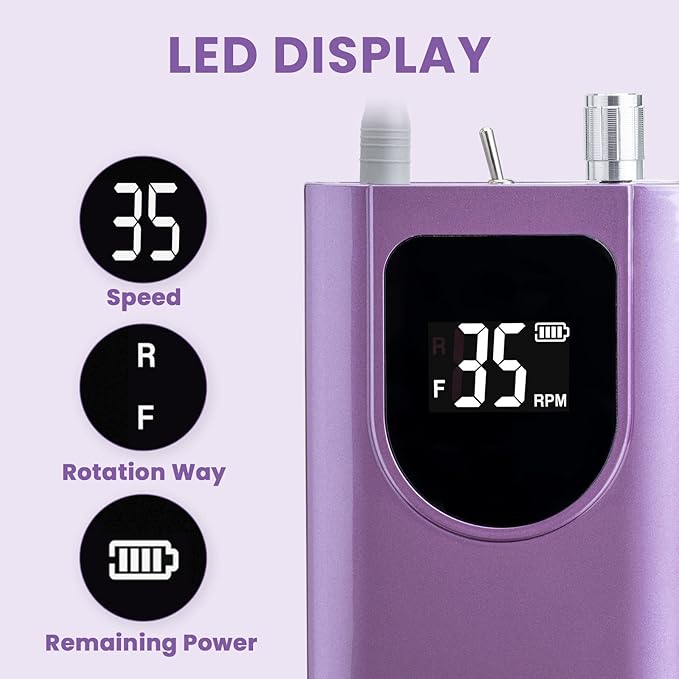 Delanie Professional Nail Drill High Torque 35000 RPM Rechargeable Portable Electric Nail File Filer for Acrylic Gel with Cuticle Bits, Salon Manicure Tool, Purple-BrightBean Baby