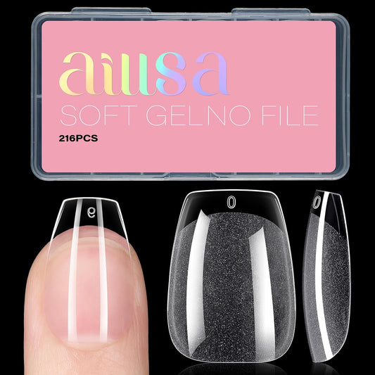 AILLSA Short Coffin Nail Tips Clear Gelly Nails Tip Half Matte Full Cover Tips Acrylic Pre-Filed Press on Fake Nail Tips for Nail Extension Home DIY Manicure 216PCS 12Sizes-BrightBean Baby