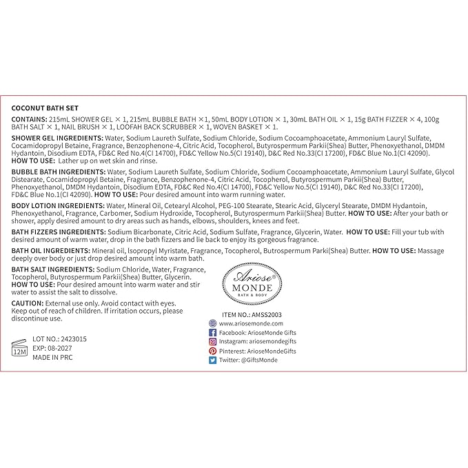 Bath & Shower Spa Basket Gift Set, Coconut Scent, with Shower Gel, Bubble Bath,Body Lotion, Bath Bomb,Bath Salt, Bath and Body Gift Box for Women-BrightBean Baby