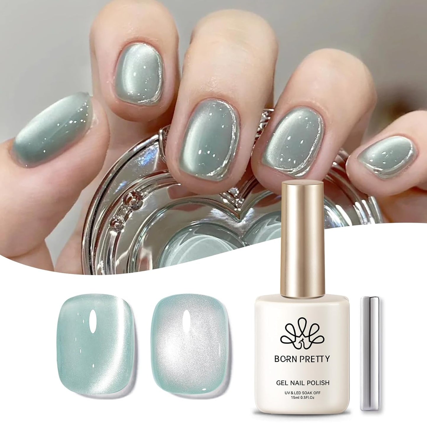 Born Pretty Cat Magnetic Eye Gel Nail Polish, Green Moonlight Cat Magnetic Gel, Glass Shiny Effect Green Soak Off Nail Art Salon Manicure Home Gift 15ml-BrightBean Baby