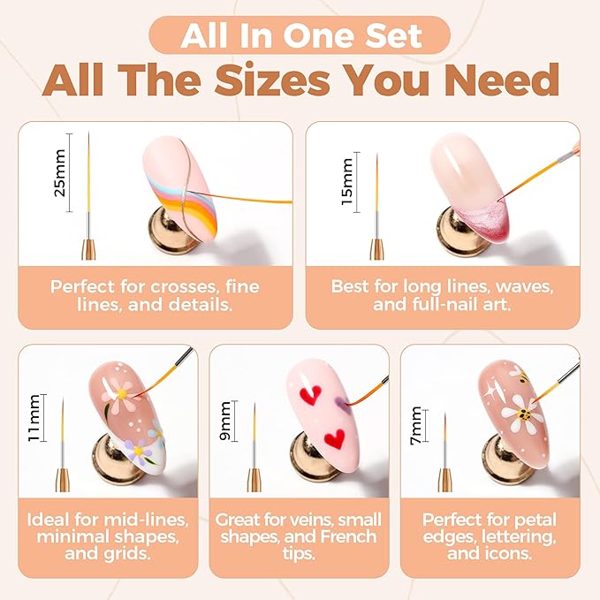 UNA GELLA Nail Art Brushes Metallic, Liner Pens Set For Nail Art Gel Polish, 5Pcs White Color, Detail Nail Art Design Painting Brush Set For Nails Gel Fine Drawing Nail Tools, Sizes 7/9/11/15/25mm-BrightBean Baby