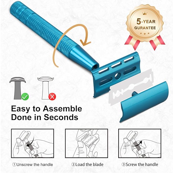 Double Edge Safety Razor, Single Blade Razors for Men and Women, with 10 Stainless Steel Safety Razor Blades, Smooth and Close Wet Shaving, Plastic Free, Blue-BrightBean Baby