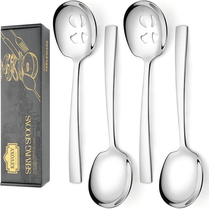 4 Piece Stainless Steel Serving Spoons Set - 2 Large, 2 Slotted, 9.2-Inch, Dishwasher Safe, for Parties/Kitchen/Buffet/Catering