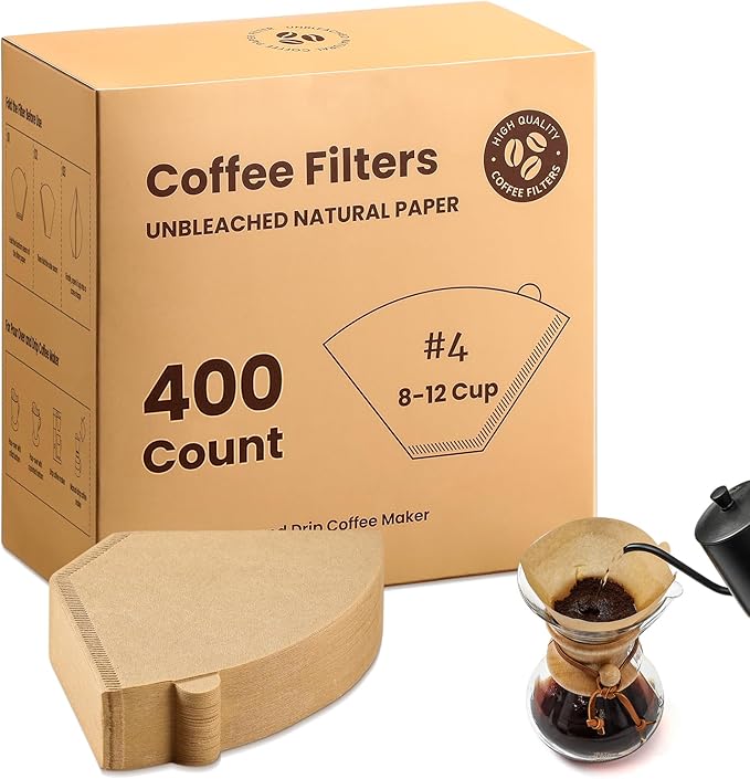 #4 Cone Coffee Filters 8-12 Cup, 400 Count Unbleached Natural Coffee Paper Filters, No Blowout, Disposable Coffee Filter for Pour Over and Drip Coffee Maker