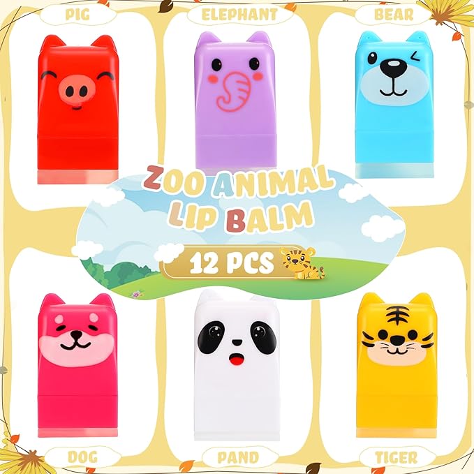 12 Pcs Farm Animals Birthday Lip Balm Gifts for Baby Shower Prizes Gift Baby Shower Favors Genger Reveal Gifts Zoo Theme Birthday Party Favors for Preschool Toddler Boy Girl Classroom Prizes-BrightBean Baby