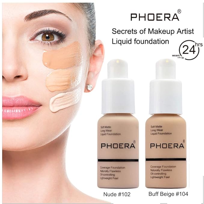2 Pcs Phoera Foundation Makeup 102 and 104 Liquid Full Coverage 24HR Matte Oil Control Foundation Makeup Concealer (Nude & Buff Beige) with Kabuki Foundation Brush Flat Top-BrightBean Baby