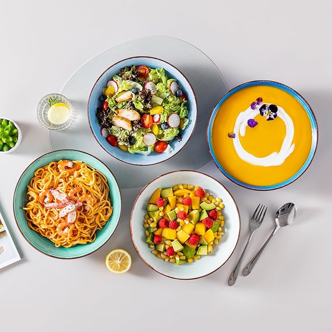 vancasso Bonita Pasta Bowls Set of 6, 50oz Large Salad Bowls for Kitchen, Stoneware Serving Bowls Dishwasher & Microwave Safe, Blue Bowl Set