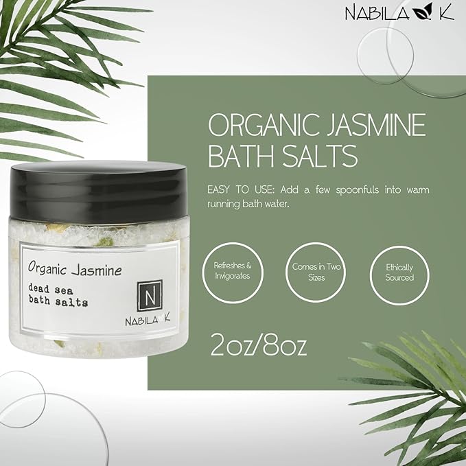 Organic Jasmine Bath Salts by Nabila K - Dead Sea Salt & Epsom Salt Scrub & Soak - Exfoliates & Hydrates Skin, Botanical Essential Oils - Bubble Bath Accessories for All Skins Types, 2 oz-BrightBean Baby