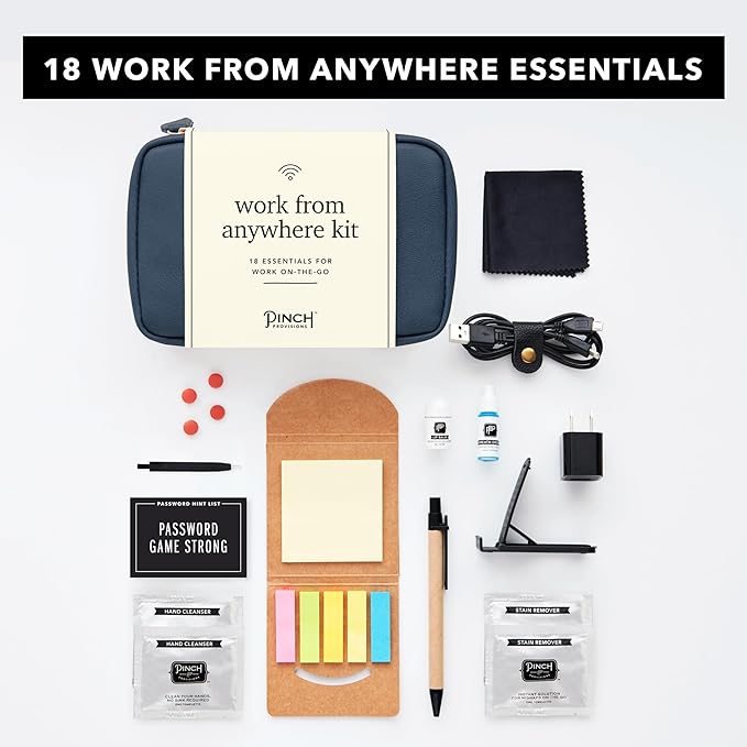 Pinch Provisions Work from Anywhere Kit, Includes 18 Essentials to Help You Stay on Task, Must-Have Essentials, Compact Multi-Functional Vegan Leather Pouch, Navy-BrightBean Baby