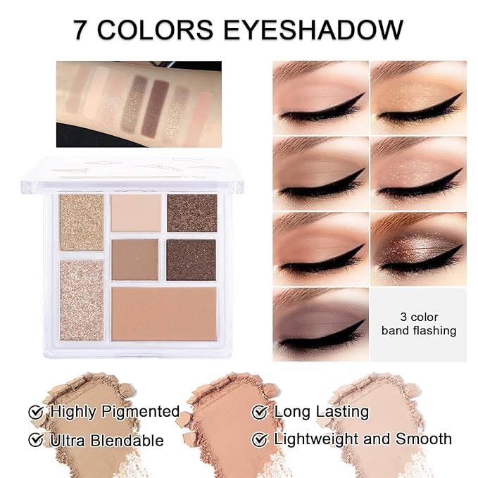 Makeup Kit for Teens Girls, Makeup Present Set for Women, Makeup Full Kit for Beginners, Mini Makeup Bundle Include 7 Latte colors Matte & Shimmer Pigmented Eyeshadow Palette, Eyebrow Powder-BrightBean Baby