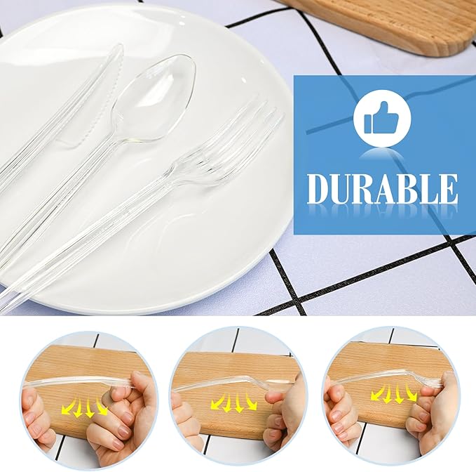 EcoDispose 350 Count Plastic Silverware, Heavy Duty Plastic 200 Forks. 100 Spoons, 50 Knives Disposable Utensils Cutlery Set for Party Supplies