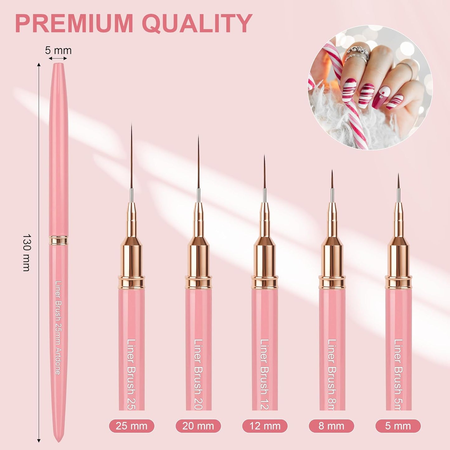Artdone Metallic Nail Art Pens, Liner Brushes Set, 5PCS Pink Color Nail Tools For Long Lines, Thin Details, Fine Drawing, Liner Brush UV Gel Polish Painting Nail Design Sizes 5/8/12/20/25mm-BrightBean Baby