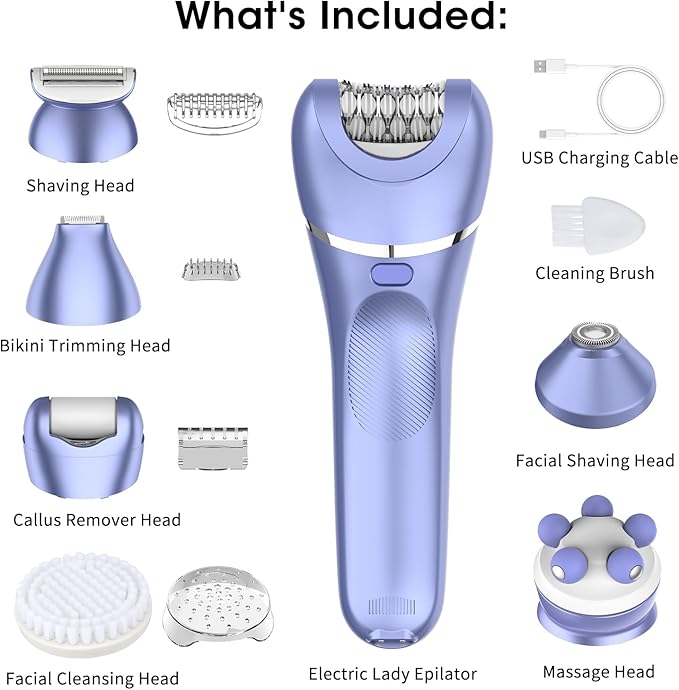 Epilator for Women, 7 in 1 Hair Removal for Women, Body Shaver, Bikini Trimmer, Face Razor, Facial Brush, Face Massage, Foot Callus Remover, IPX7 Waterproof Electric Shavers, Ideal Female Gift-BrightBean Baby