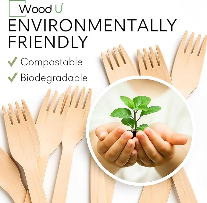 Disposable Wooden Forks by WoodU | 100% All-Natural, Eco-Friendly, Biodegradable, and Compostable - Pack of 200-6.5" forks cutlery utensils