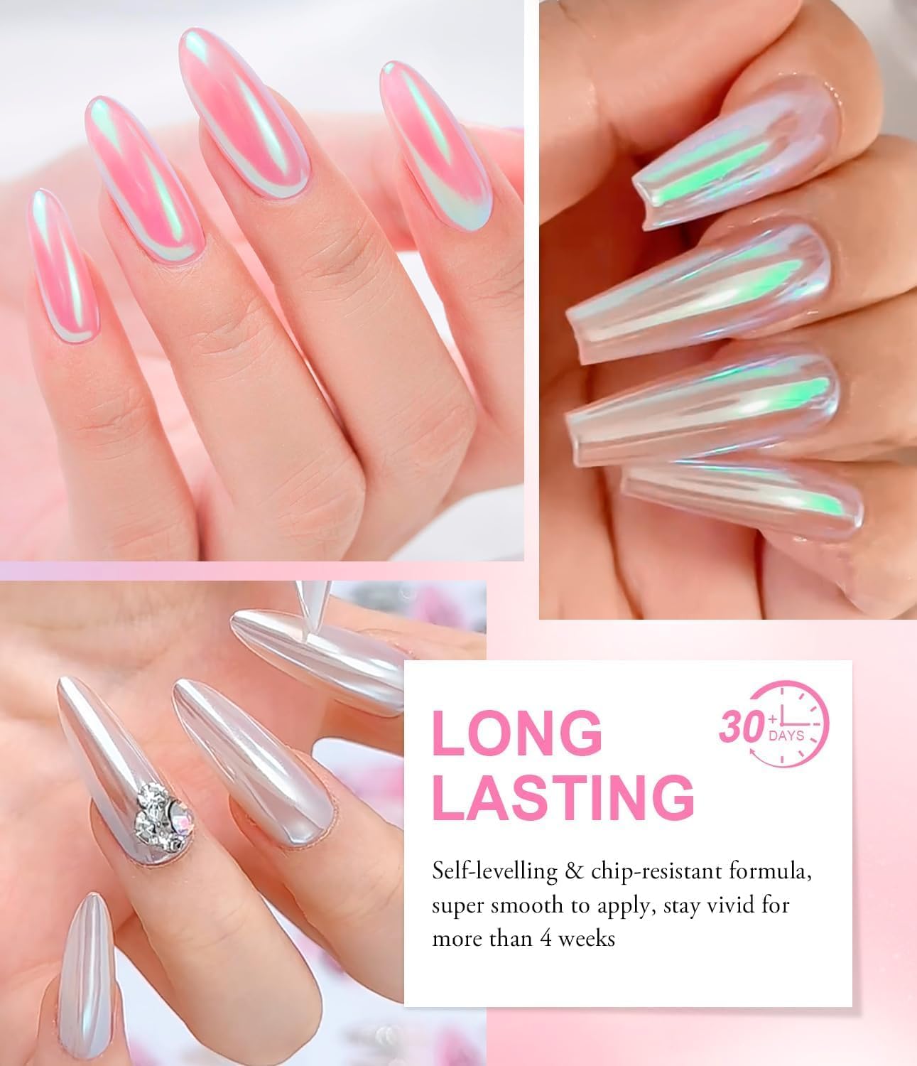 4pcs Chrome Nail Powder: Upgrade Silver Mermaid Effect White Chrome Nail Powder,Iridescent Aurora Holographic Nail powder Kit for DIY Nail Art Decorations(Laser,Green)-BrightBean Baby