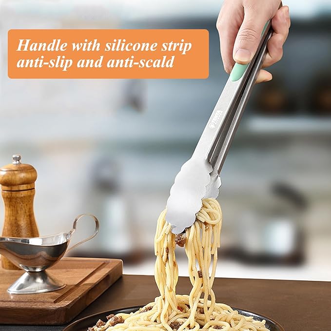 Tongs for Cooking, 12-Inch Stainless Steel Kitchen Tongs, Locking Metal Food with Silicone Non-Slip Grip, Kitchen Utensils for Food, Salad and Outdoor BBQ, Set of 4 (Mint Green)