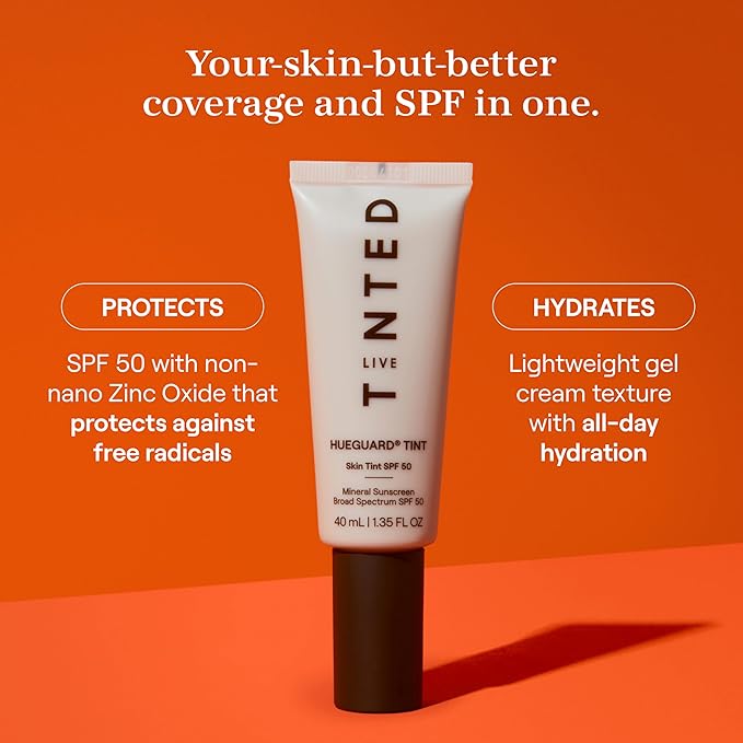 Live Tinted Hueguard Skin Tint SPF 50 - Tinted Mineral Sunscreen with Light-Medium Buildable Coverage With a Hydrating and Radiant Finish - Water and Sweat Resistant, 1.35 fl oz - Shade 09-BrightBean Baby
