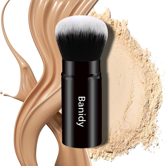 Makeup Brush Kabuki Face Brushes Retractable Travel Blush Brush Portable Flawless for Foundation, Powder Blush, Bronzer, Buffing, Liquid, Cream, Cruelty Free with Cover(Round-Head)-BrightBean Baby