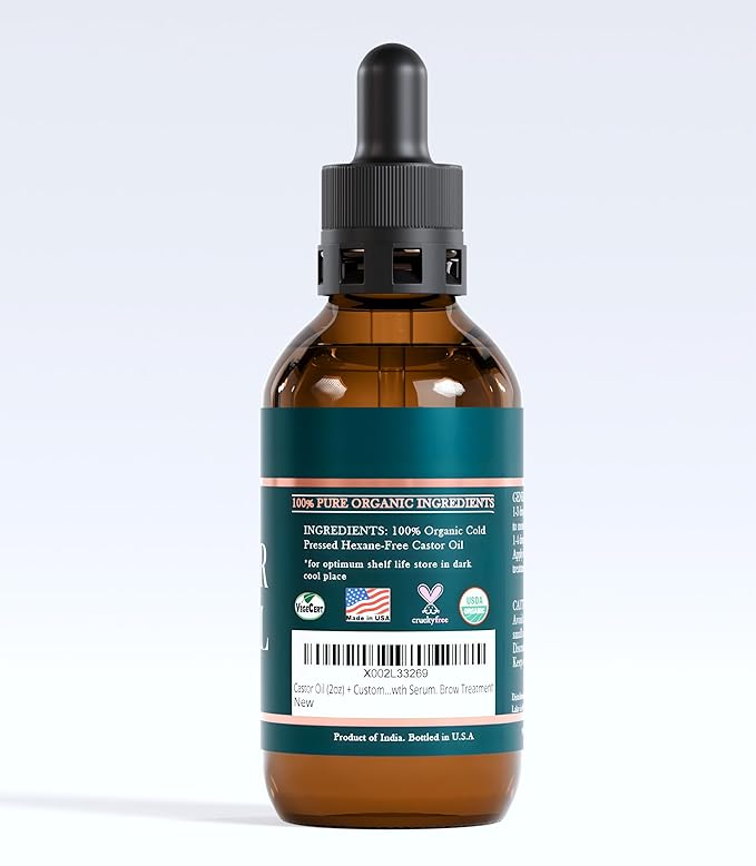 Organic Castor Oil Lash Serum for Hair Growth, 100% Pure Eyebrow Eyelash Growth Serum, Cold Pressed Hexane Free (2oz Glass Bottle + FILLED Mascara Tube)-BrightBean Baby
