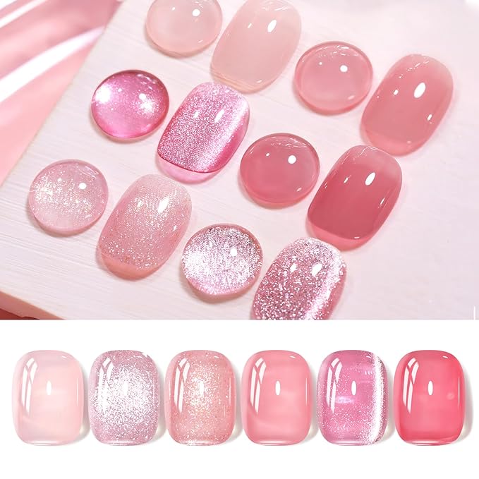 Born Pretty Gel Nail Polish Pink Nude Series,Jelly Transparent,Cat Magnetic Eye,Shimmer Glitter Holographic Pink Nude Gel Polish Kit for Salon Manicure and Nail Art DIY at Home 6Colors-BrightBean Baby
