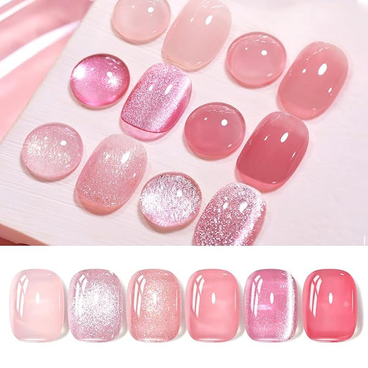 Born Pretty Gel Nail Polish Pink Nude Series,Jelly Transparent,Cat Magnetic Eye,Shimmer Glitter Holographic Pink Nude Gel Polish Kit for Salon Manicure and Nail Art DIY at Home 6Colors-BrightBean Baby