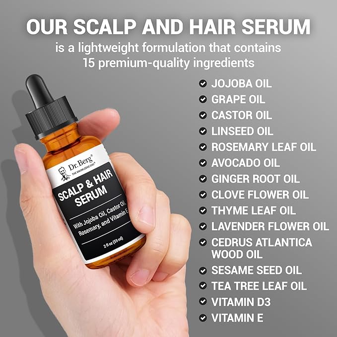 Dr. Berg Scalp & Hair Serum (Improved Formula) with Vitamin D3 & E - Clinically Tested, Paraben- and Sulfate-Free Hair Oil for Women & Men - Includes Rosemary Oil, Castor Oil & Jojoba Oil - 2 Fl oz-BrightBean Baby