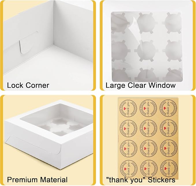 9-Count White Cupcake Boxes with Window and Insert, 9x9x3 Inch, Set of 8, Suitable for Cupcakes, Muffins, and Cookies