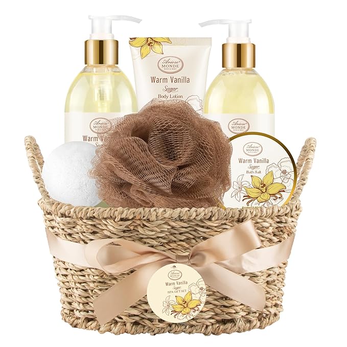 Bath and Body Warm Vanilla Sugar Spa Gifts for Women, with Shower Gel, Bubble Bath, Body Lotion, Bath Bomb, Bath Salt, Spa Basket Gift Set for Women, 7pcs Set Gifts-BrightBean Baby