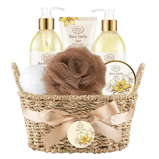 Bath and Body Warm Vanilla Sugar Spa Gifts for Women, with Shower Gel, Bubble Bath, Body Lotion, Bath Bomb, Bath Salt, Spa Basket Gift Set for Women, 7pcs Set Gifts-BrightBean Baby