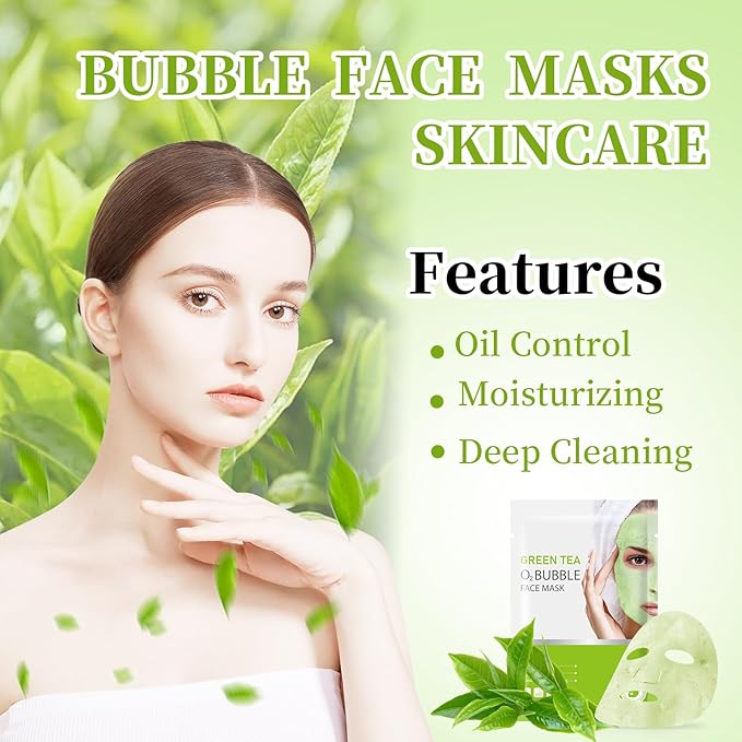 10 Sheets Face Masks Skincare O2 Bubble Green Tea Face Mask, Cleaner Bubble Sheet Masks Foaming Purifying Facial Mask for Pores, Moisturizing Spa Face Masks Skin Care For All Skin Type-BrightBean Baby