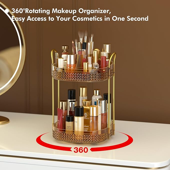 Awenia Rotating Makeup Organizer 360, Stackable Adjustable Large Capacity Cosmetic Storage Unit,Dresser Bathroom Kitchen Countertop Organizer with Metal Handle, Plus Size (Honorable Gold, 2 Tier)-BrightBean Baby