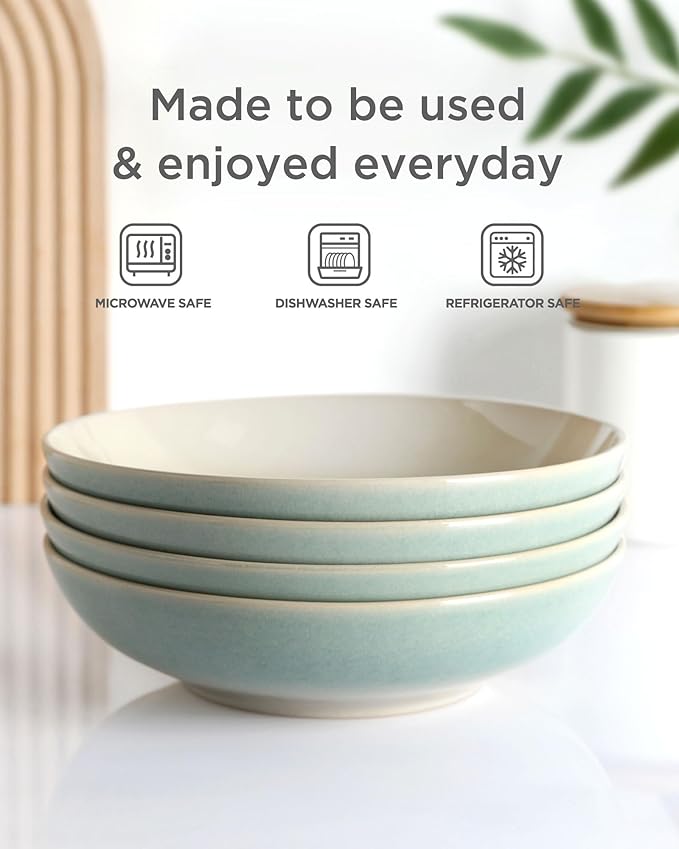 famiware 8.7" Large Pasta Bowls Set of 4, 34oz Stoneware Salad Bowl Serving Plate Bowls, Bowls for Pasta, Fruits, Salad, Noodle, Soup, Dinner- Microwave Dishwasher Safe, Glacier Series, Aqua