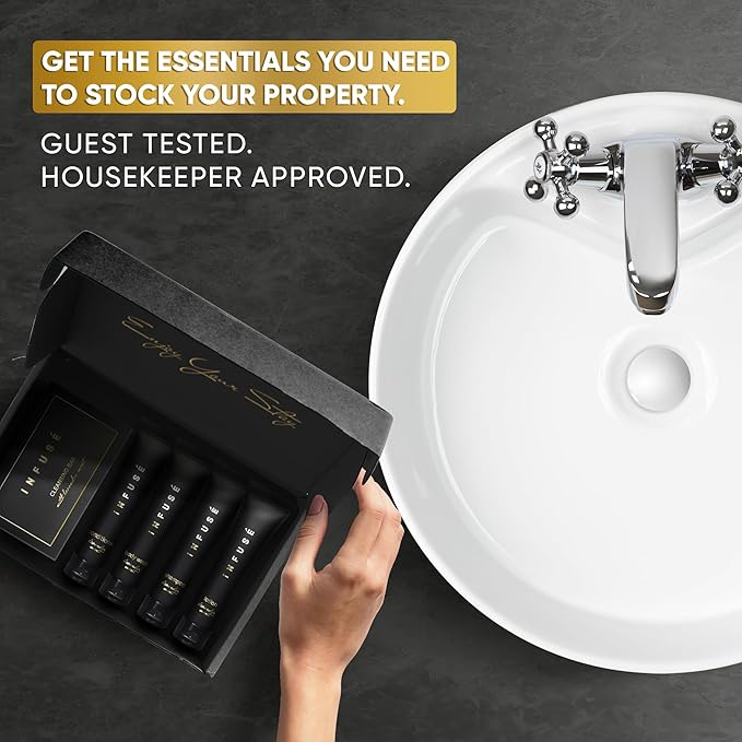 Infuse Black Amenity Kit | Boxed Hotel Toiletries | Bulk Set 1 oz Travel Size Shampoo, Conditioner, Lotion, Body Wash & Cleansing Bar for Guest Hospitality AirBnB/Vacation Rentals | 75 Pieces-BrightBean Baby