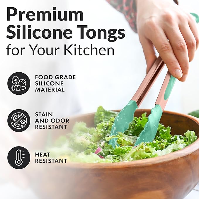 Zulay Stainless Steel Kitchen Tongs with Silicone Tips - Set of 2 (9” & 12”) Locking Cooking Tongs with Non-Slip Grip - Heat Resistant, BBQ Food Tongs for Non-Stick Cooking Pans (Rose Gold/Mint)