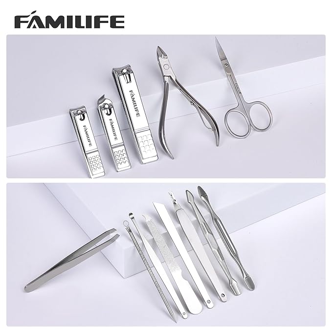 FAMILIFE Manicure Set, Nail Professional Kit Manicure Kits Nail Clipper Sets, 13PCS Stainless Steel Pedicure Sets Mens Grooming Tool, with Brown Leather Travel Case for Men-BrightBean Baby