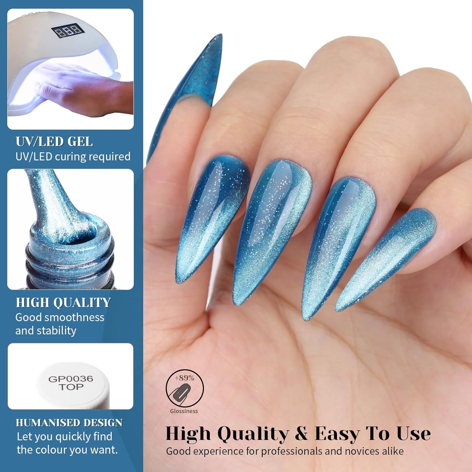 Blue Cat Eye Gel Nail Polish,Iridescent Quicksand Galaxy Holographic Blue Cateye Gel Polish with Magnet, Shimmer Velvet Soak Off Uv Led Home Diy Manicure - GP0102-BrightBean Baby