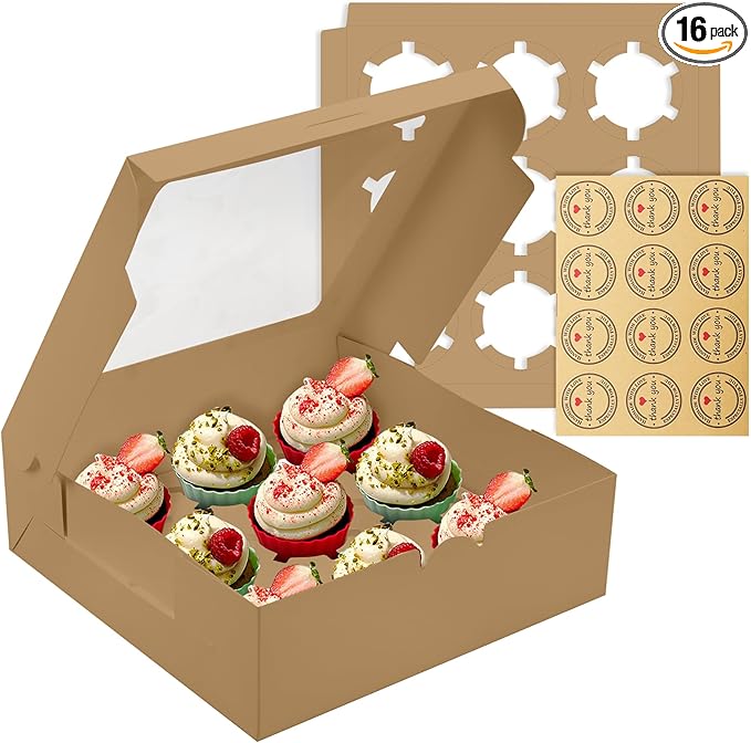 9-Count Brown Cupcake Boxes with Window and Insert, 9x9x3 Inch, 16 Pack, Suitable for Cupcakes, Muffins, and Cookies