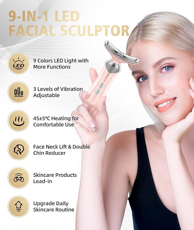9-in-1 Red-Light-Therapy-for-Face-and-Neck, Portable Facial Massager Tool with Adjustable Vibration & Thermals for Wrinkles, Double Chin, Pink-BrightBean Baby