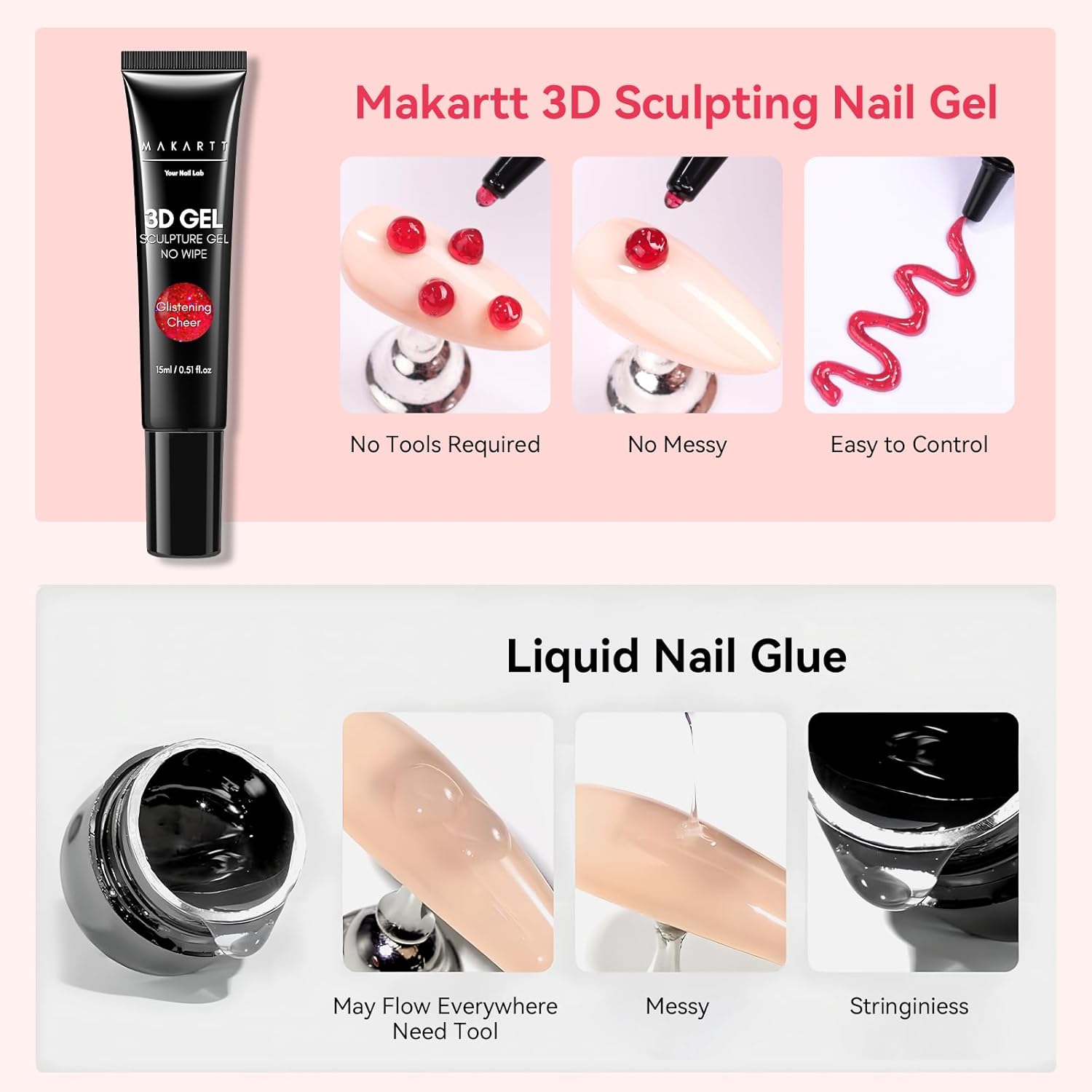 Makartt 3D Gel Nail Art: 3D Sculpting Gel for Nail Art Design 15ml 3 in 1 No Wipe Gel Polish for Drawing Carving Nails Gel, Molding Embossed Gels for Nail Decoration DIY Manicure - Glistening Cheer-BrightBean Baby