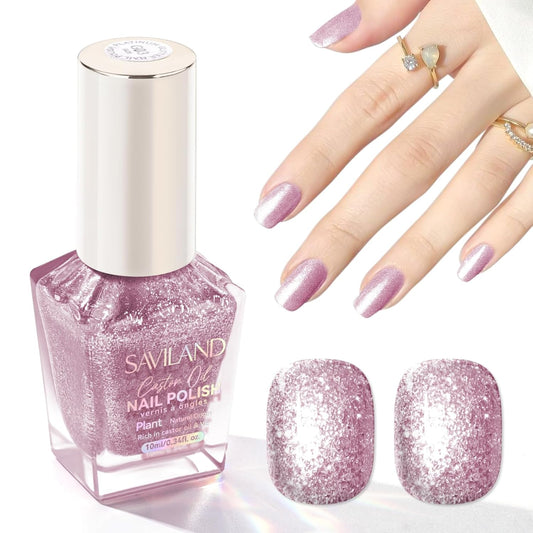 SAVILAND Color Artistry Rose Gold Glitter Nail Polish - 7 Days Shimmer Air Quick Dry Holographic Fingernail Polish, Sparkle Pink High Glossy Home DIY Manicure Gift for Women-BrightBean Baby