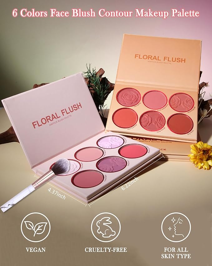 Matte Face Blush Palette with Brush-6 Color High Pigment Silky Mineral Blendable Blusher Contour Powder for Cheeks,Longlasting Facial Beauty Cosmetic,Mother's Day Makeup Gift for Women Girl-Set 02