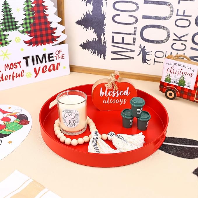 Round Red Decorative Serving Tray with Handles, 13” Versatile Ottoman Tray for Coffee Table, Entertaining, Outdoor Patio, Living Room