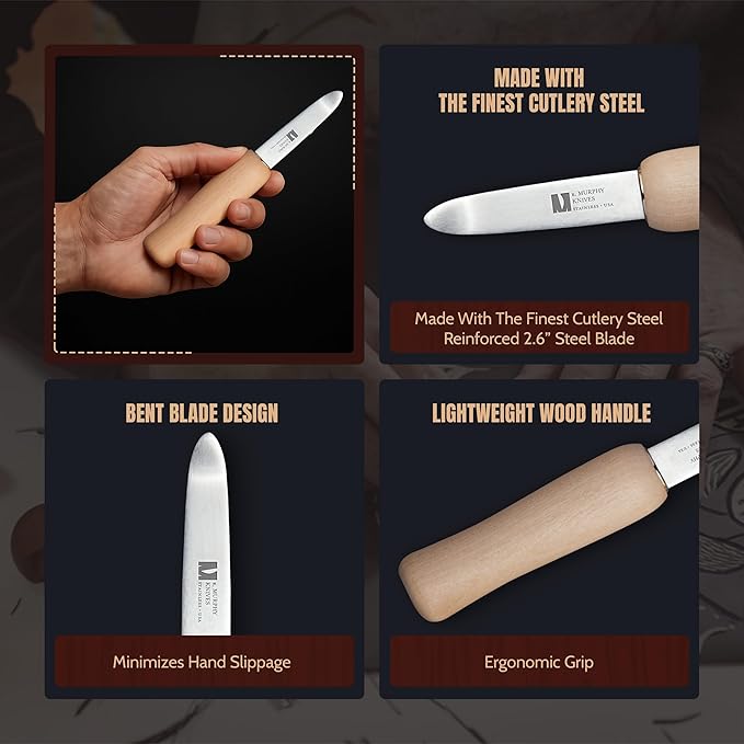 R Murphy/Ramelson New Haven Oyster Shucking Knife, Shucker Tool Opener, Curved Bent Tip, Wood Handle, Stainless Steel Blade, Made in USA, Regular (2 Pack)