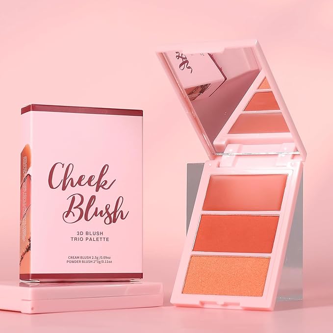 3D Blush Palette, Multi-Use Shimmery Contour Powder Palette Face Contour Cheeks Lightweight Smooth Blendable Blush Highlighter Powder Beauty, Natural Shimmery Or Matte Finish, #02 Orange
