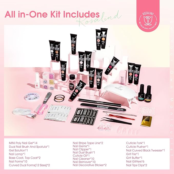 ROSALIND 14 Colors Poly Nail Gel Kit with Mini Nail Lamp Pink Brown Poly Nails Gel Kit Starter Kit With Slip Solution Kit Pink Extensions Gelfor Nail Manicure Beginner-BrightBean Baby
