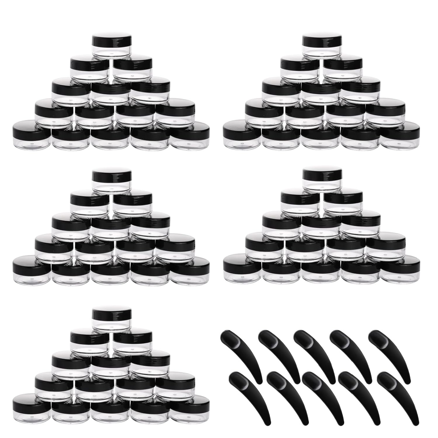 Refillable Cosmetic Sample Jars - 100 Pack 10g (0.35oz) Black Small Travel Containers with Lids + 10 Mini Makeup Spatulas - BPA Free-BrightBean Baby