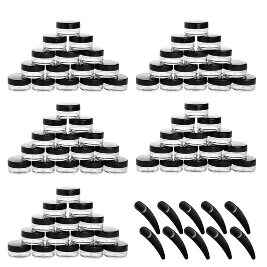 Refillable Cosmetic Sample Jars - 100 Pack 10g (0.35oz) Black Small Travel Containers with Lids + 10 Mini Makeup Spatulas - BPA Free-BrightBean Baby