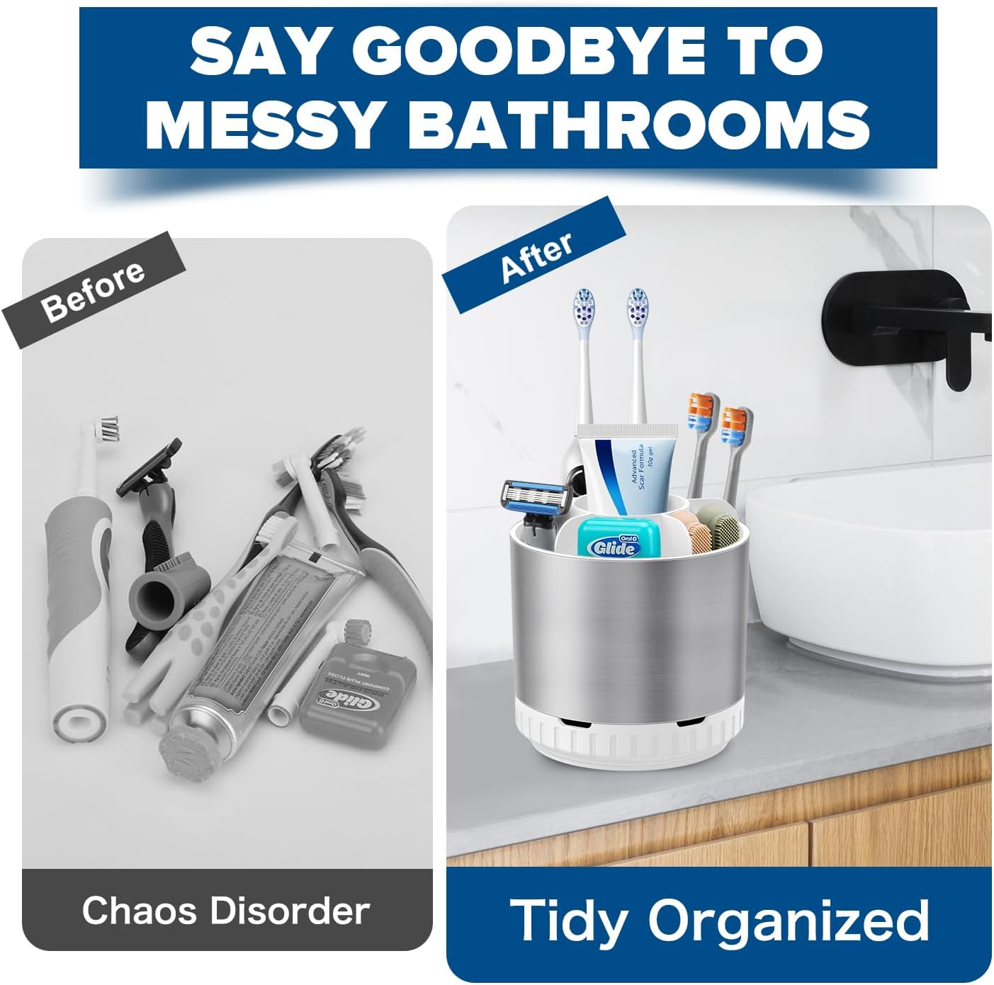 Silver Toothbrush Holders for Bathrooms Countertop Organizer - Kids Electric Toothbrush and Toothpaste Holder Rotating Tooth Brush Organization Bathroom Sink Accessories Storage Caddy-BrightBean Baby