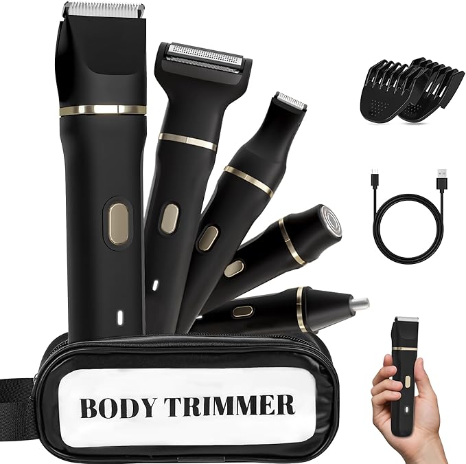 Bikini Trimmer for Women, 5-in-1 Waterproof Electric Razors for Women, Painless Pubic Hair Trimmer, Rechargeable Electric Shaver, Bikini Razor with Travel Case, Body Shaver & Face Nose Trimmer, Black-BrightBean Baby