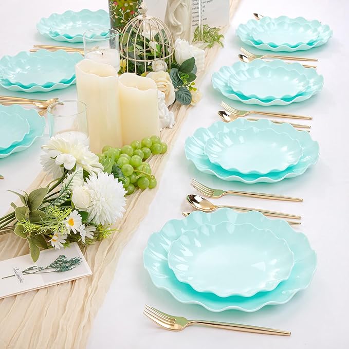 LIYH 24 Pcs Plastic Blue Plates Reusable - Unbreakable Ice Blue Party Scalloped Plates, Microwave & Dishwasher Safe Camping Plate Perfect for Parties, Wedding, Birthday, BPA Free (12Guests)